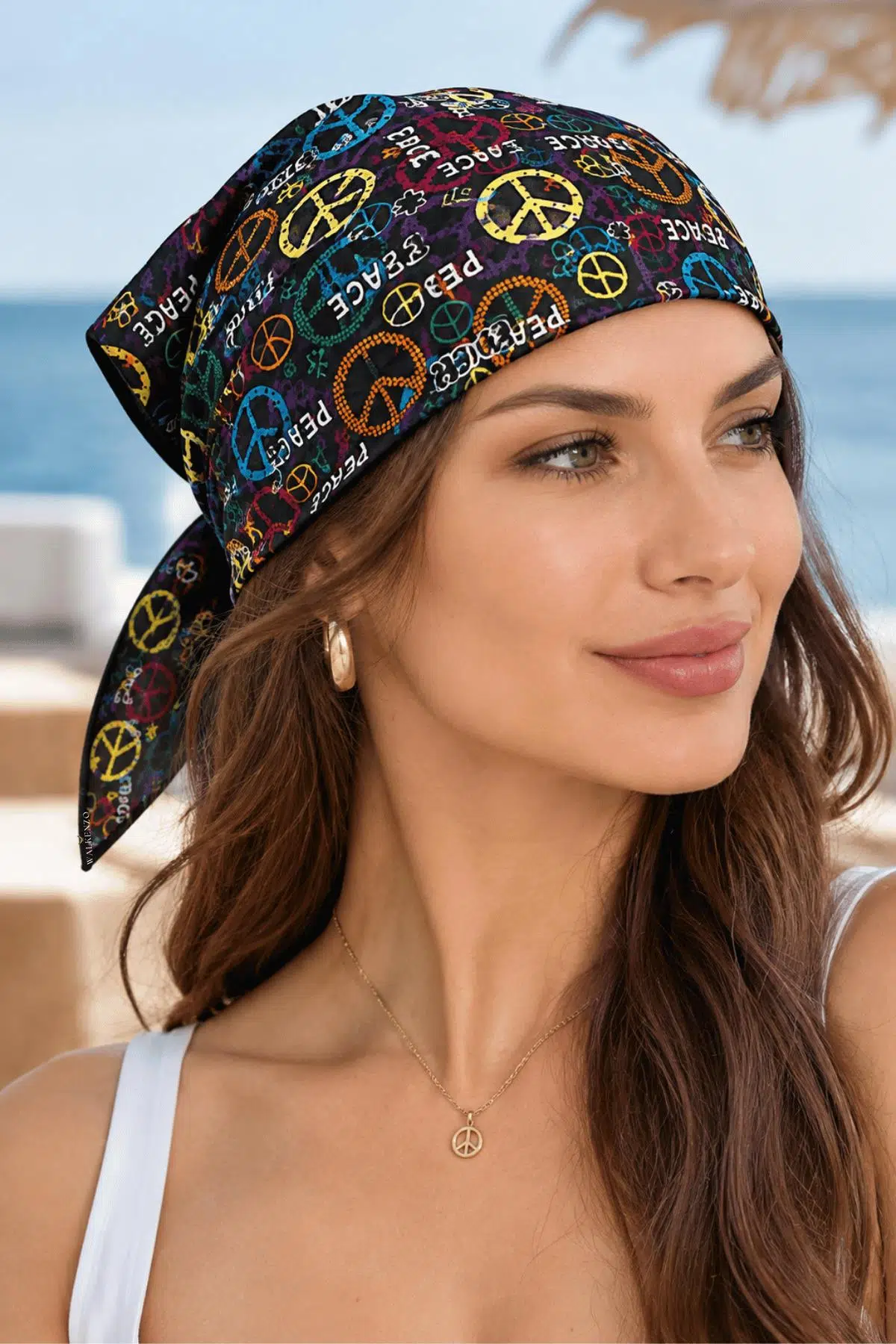 Walkenzo Peace Barış Desenli %100 Pamuk Unisex Kare Fular Bandana - 52x52 Cm